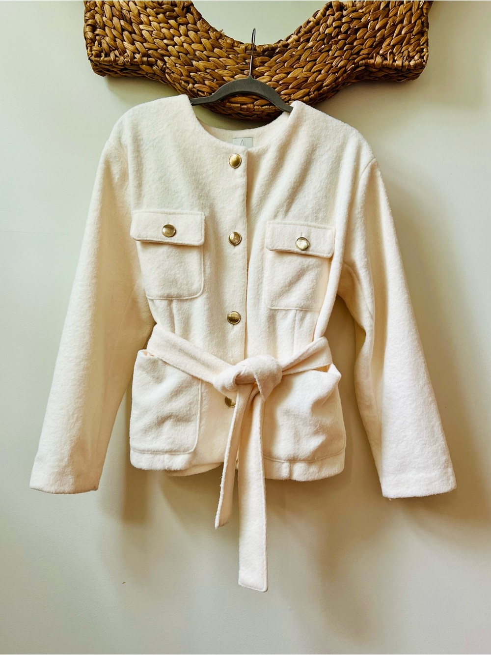 Joie Ivory Belted Utility Jacket Gold Buttons 4 Pocket Size L